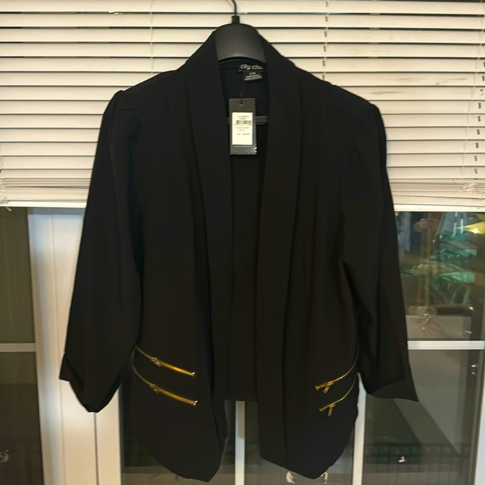 City Chic Fitted Blazer Zipper Pocket Detail Work Career Black Size S